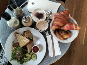 Croque houmous-aubergines-pesto rosso  at Le Pain Quotidien in Brussels
