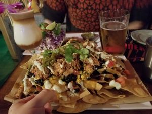 Nachos with Jackfruit and Pina Colada at No Bones Beach Club in Seattle