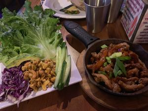 Sweet pineapple and soy curl sizzling lettuce wrap. SO GOOD!! at No Bones Beach Club in Seattle