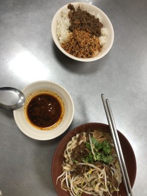 Rice with minced fake pork and dry noodles with sesame paste   at Ming Long in Taitung