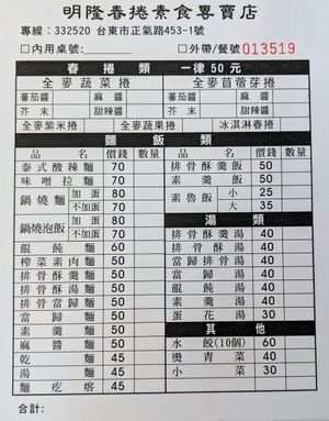 Menu - April 2023 at Ming Long in Taitung