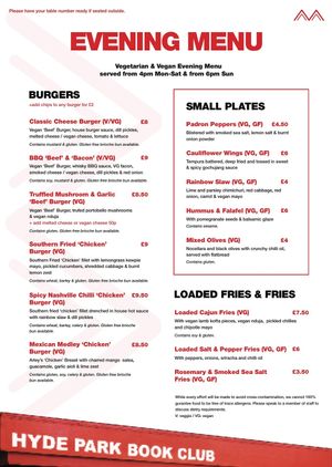 Evening Menu at Hyde Park Book Club in Leeds