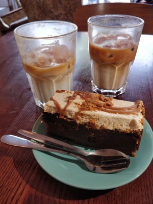 Iced coffee and biscoff cake at Hyde Park Book Club in Leeds