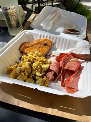 “Old Timer” Pancake with choice of fruit, tofu and bacon. at The Butcher's Son in Berkeley