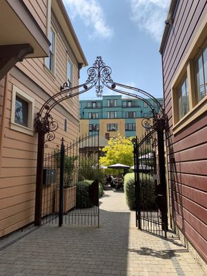 Entrance to the rose garden eating area  at The Butcher's Son in Berkeley
