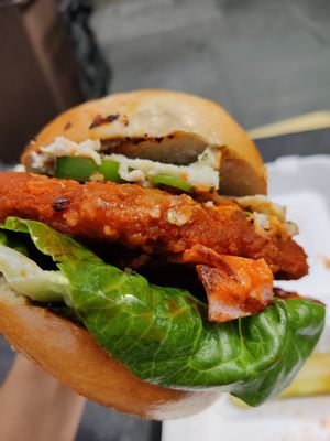 Can upgrade to buffalo chicken in the bagel sandwich and it was incredible. at The Butcher's Son in Berkeley