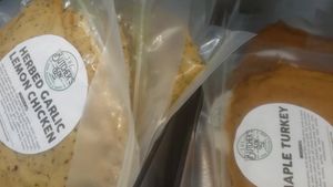 herbed garlic lemon chicken, and maple turkey slices for sale, vegan at The Butcher's Son in Berkeley