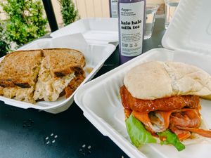 The Pastrami reuben sandwich and the Buffalo chicken bacon sandwich  at The Butcher's Son in Berkeley