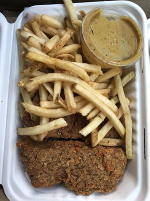 Chicken tenders and sweet mustard sauce (really liked these with some fresh squeezed lemon, reminded me of my favorite schnitzel!  Good fries too) #Veganuary at The Butcher's Son in Berkeley