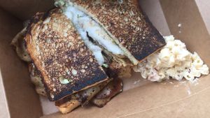 First draft pick “Hot Turkey Pesto” wit a sidekick of Bac Mac Salad at The Butcher's Son in Berkeley