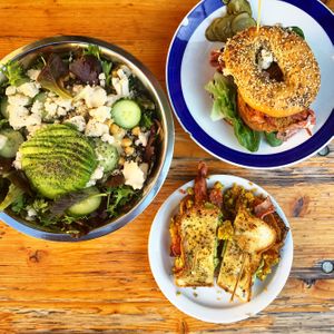 Something Healthy salad, fried chicken bagelwich, and, jackfruit melt with GF bread.  at The Butcher's Son in Berkeley