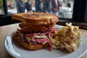 Fried "chicken" BLAT sandwich with macaroni-bacon salad. at The Butcher's Son in Berkeley