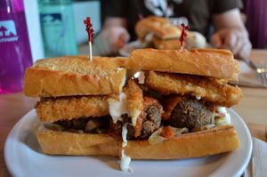 Mozarella "Meatball" with potato salad side dish. MUST TRY! at The Butcher's Son in Berkeley