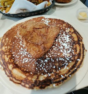 Pancake with fried "chicken" on top at The Butcher's Son in Berkeley