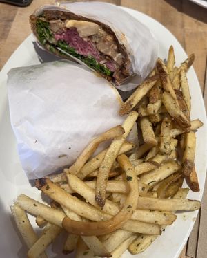 Jackfruit Sandwich and Garlic Fries   at The Butcher's Son in Berkeley