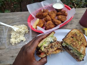 Tu-no w blue chz, potato salad and Phish nuggets at The Butcher's Son in Berkeley