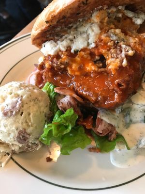Buffalo fried ";chicken, bacon, blue cheese, ranch"; sandwich. Heavenly! at The Butcher's Son in Berkeley