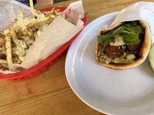Falafel gyro and garlic parm fries  at The Butcher's Son in Berkeley
