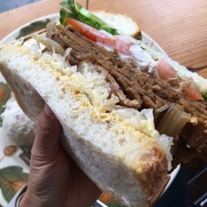 Close-up of hot roast beef sandwich at The Butcher's Son in Berkeley