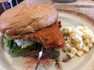 Buffalo Bacon Fried Chicken Sandwich with Macaroni Salad at The Butcher's Son in Berkeley