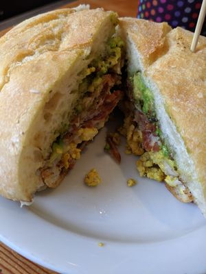 This is My Addiction: Toasted Garlic Buttered Ciabatta with Bacon, Scrambled Egg, Grilled Mozzarella and Avocado at The Butcher's Son in Berkeley