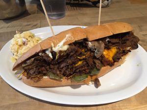 Steak and cheese with bacon pasta salad at The Butcher's Son in Berkeley