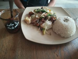 Wok basil with seitan and rice at Tata Restaurant in Vienna