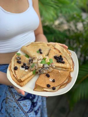 Kapha Crêpes - heavenly thin pancakes with grilled pineapple, blueberries and a sprinkle of mint.  at One Yoga Cafe in Koh Phangan