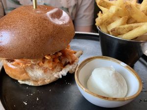 southern fried chick’n*, BBQ sauce, ranch dressing, baby gem, house pickles, red onion, house fries & garlic aioli at Mildreds - Kings Cross in North London