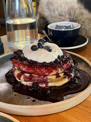 Hot cakes with chantilly creme and berries at Mildreds - Kings Cross in North London