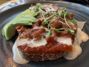Smoky cheese and beans on toast  at Mildreds - Kings Cross in North London
