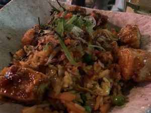 BOKKEUMBAP kimchi fried rice, clean bean tofu, gochujang sesame sauce, nori at Mildreds - Kings Cross in North London