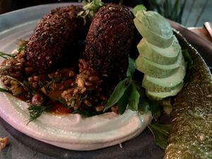 MERCIMEK KOFTE red lentil kofte, butternut cranberry
red rice, whipped tahini, turkish pepper at Mildreds - Kings Cross in North London