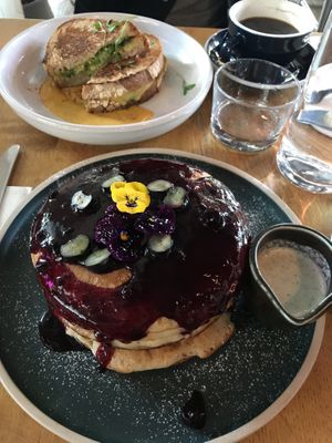 Wild blueberry jam pancakes and gunpowder toastie  at Mildreds - Kings Cross in North London