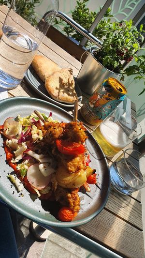 Mango chick'n with salad and pita bread at Mildreds - Kings Cross in North London