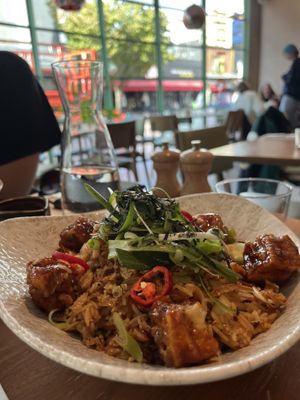 bokkeumbap
kimchi fried rice, crispy fried organic clean bean salt & pepper tofu, crispy shallot, nori  at Mildreds - Kings Cross in North London