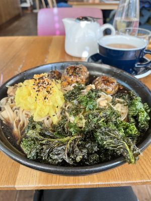 Tempeh balls with noodles  at Mildreds - Kings Cross in North London