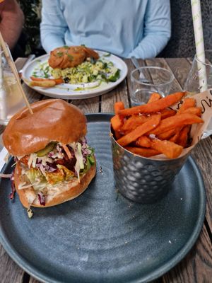 Chicken Burger with sweet potatoe fries at Mildreds - Kings Cross in North London