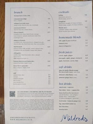 Menu at Mildreds - Kings Cross in North London