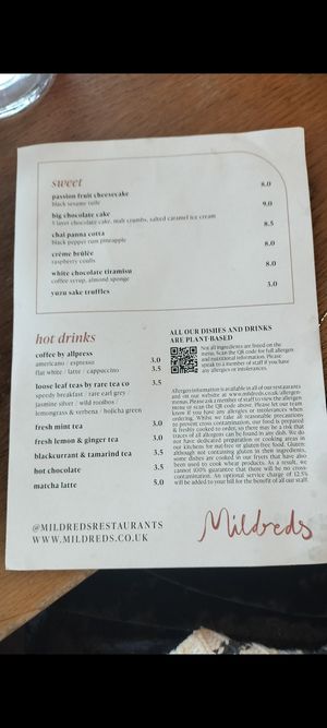 Menu at Mildreds - Kings Cross in North London