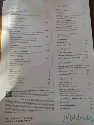 weekend brunch menu at Mildreds - Kings Cross in North London