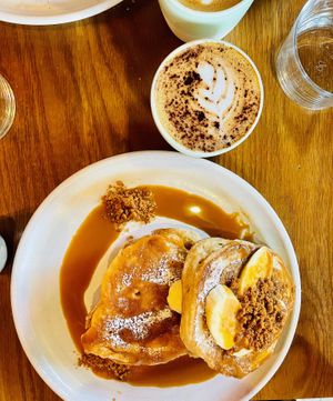 buttermilk pancake double stack: banana biscoff caramel  at Mildreds - Kings Cross in North London