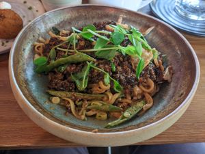 Shiitake tempeh dan dan noodles at Mildreds - Kings Cross in North London