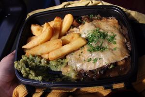 Wood roasted mushroom and ale pie with minted mushy peas and fries. I got this take-away and ate it on the red double-decker bus (I apologise, Londoners) because I was super busy that day. This was really yummy and as you can see, I couldn't help but eat some before I'd even taken the photo. at Mildreds - Kings Cross in North London