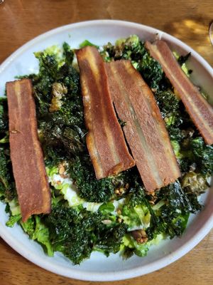 The kale artichoke caesar salad with added "rashers" at Mildreds - Kings Cross in North London