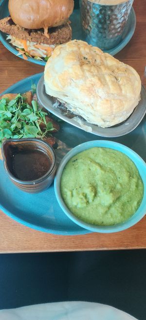 Mushroom ale pie with mushy peas and chips at Mildreds - Kings Cross in North London