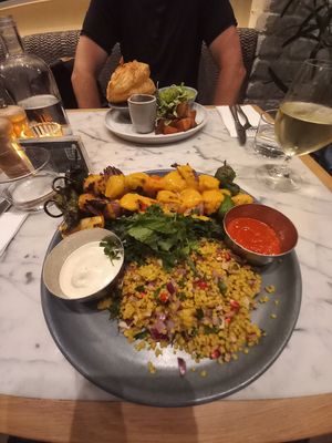 Mango 'chicken' skewers and the mushroom pot pie at Mildreds - Kings Cross in North London