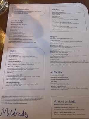 Menu  at Mildreds - Kings Cross in North London