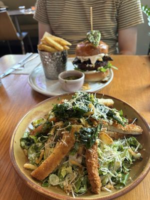 Caesar salad and smokey mushroom burgerr   at Mildreds - Kings Cross in North London