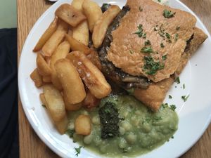 Vegan mushroom pie with fries and peas  at Mildreds - Kings Cross in North London